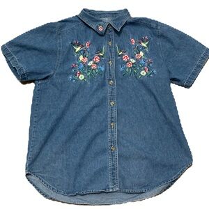 Hummingbird Floral Embroidered VTG 90s Button Down Denim Lightweight Shirt XL